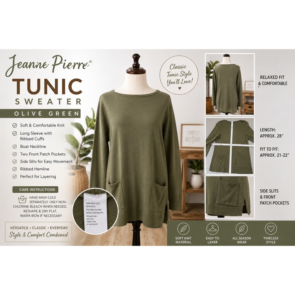 Jeanne Pierre Olive Green Tunic Sweater Boat Neck Patch Pockets Relaxed Fit